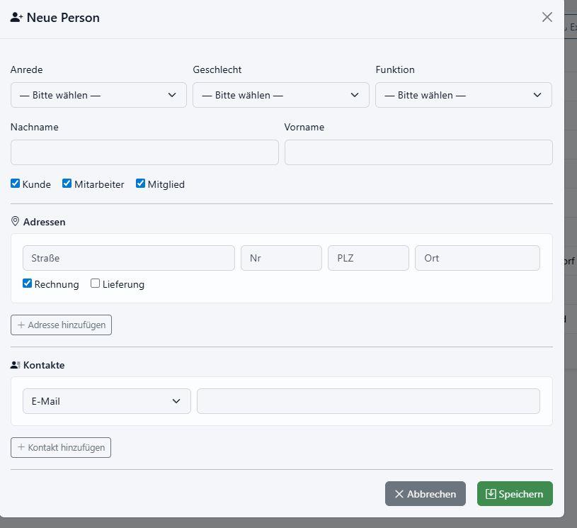Eingabemaske zum Anlegen einer neuen Person im Cloud Based Office CRM