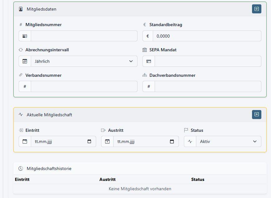 Bereich zur Pflege von Mitgliedsdaten im Cloud Based Office CRM