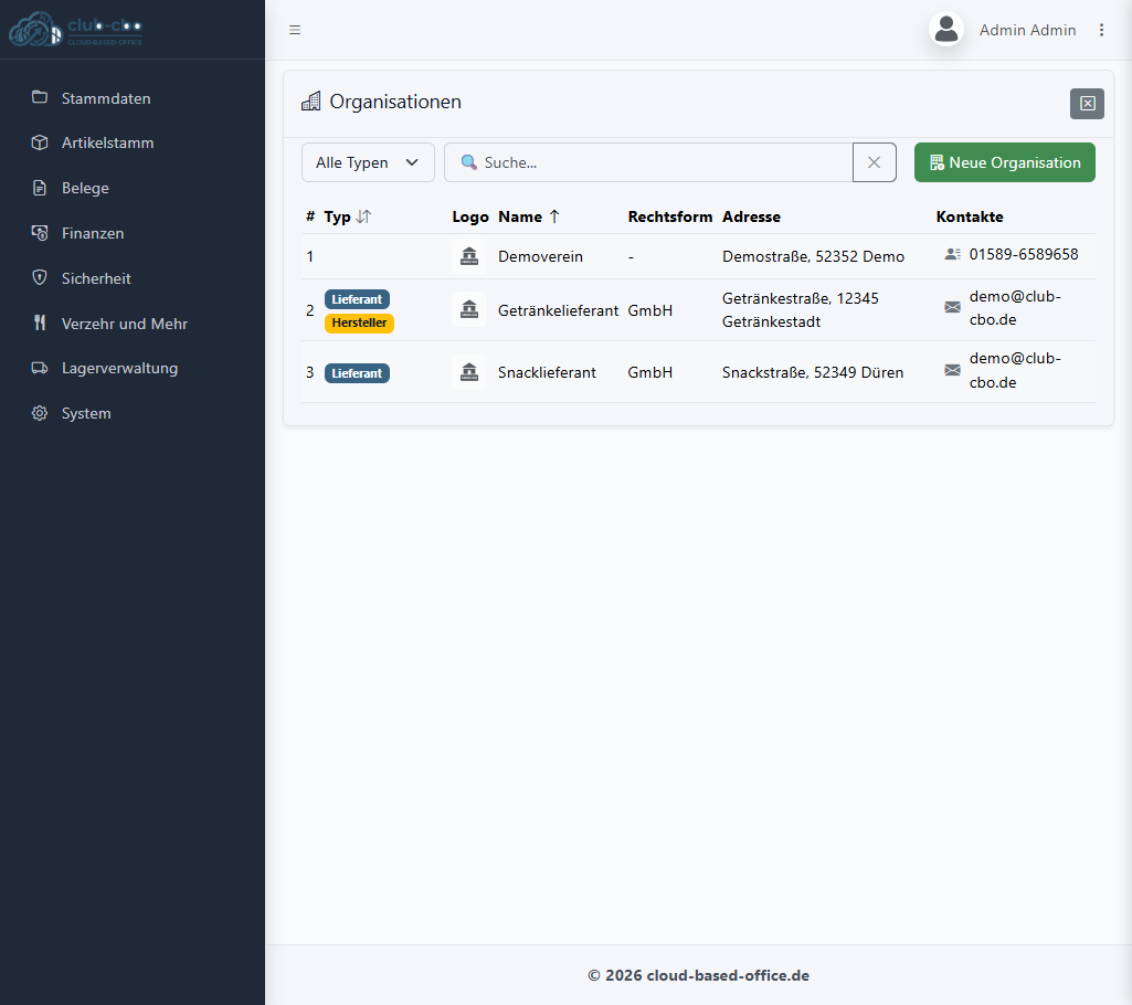 Organisationsliste im Cloud Based Office CRM